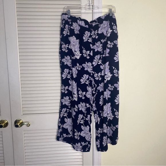 Ellos Size 2X Womens Pull On Palazzo Pants Floral Wide Leg Crop Blue Stretch - Picture 2 of 9
